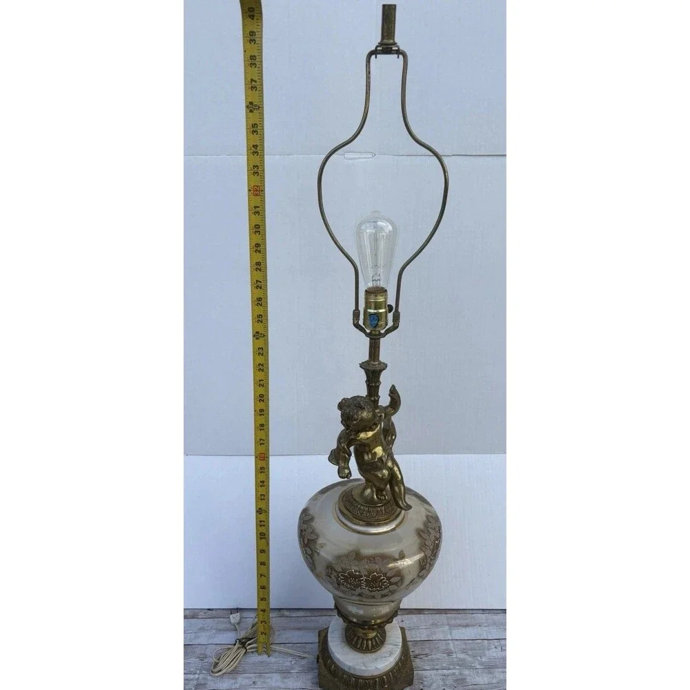 VTG MCM Hollywood Regency Brass Cherub Lamp Iridescent Glass Marble Base Tall